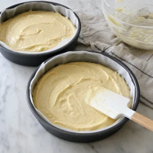 Vanilla sponge batter divided between two lined round cake tins