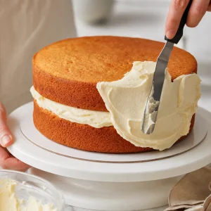 Vanilla sponge cake layers assembled and frosted with buttercream