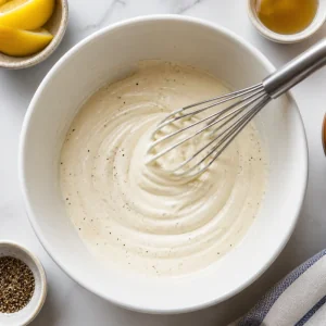 Condimento cremoso al limone mescolato in una ciotola