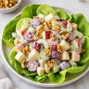 Insalata Waldorf servita su lattuga con noci in superficie
