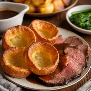 Finished Yorkshire puddings served hot with roast beef and gravy