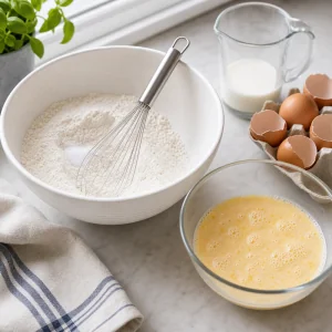 Flour and salt whisked beside beaten eggs and milk for Yorkshire pudding batter