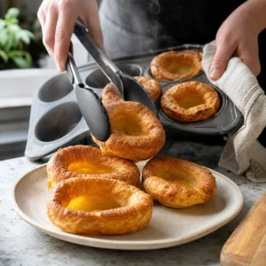 Fresh Yorkshire puddings transferred from the tin to a warm plate