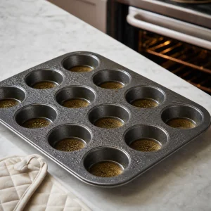 Hot muffin tin with shimmering oil ready for Yorkshire pudding batter