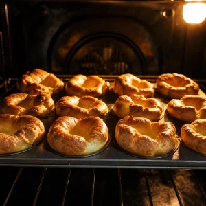 Yorkshire puddings rising golden in the oven