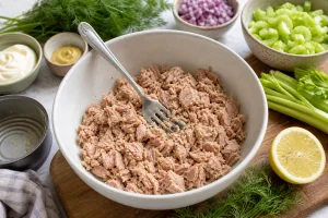 Flaked drained tuna in a mixing bowl