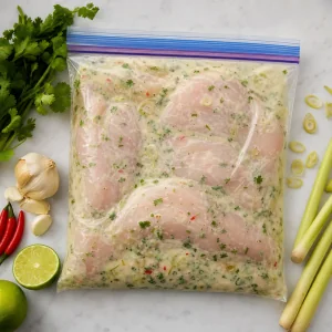 Chicken breasts sealed with coconut lemongrass marinade ready to refrigerate