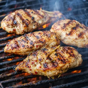 Coconut lime chicken breasts grilling with char marks until cooked through