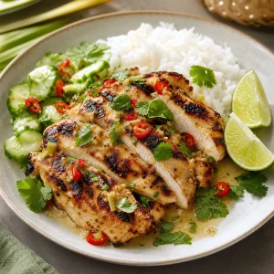 Coconut milk grilled chicken with lime and lemongrass served with cilantro and lime wedges