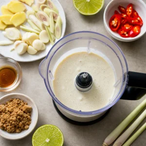 Coconut milk marinade ingredients blended with lemongrass lime garlic ginger chili and fish sauce