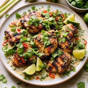 Grilled coconut lemongrass chicken plated with cilantro lime wedges and sauce drizzle