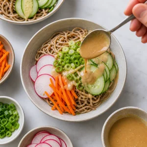Cold soba noodles topped with vegetables and more dressing