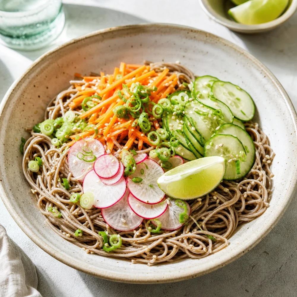 Soba fredda con cetriolo, carote, ravanelli, cipollotti e lime