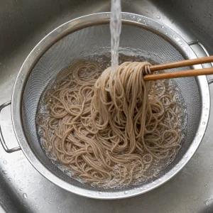 Cooked soba noodles rinsed under cold water in a colander
