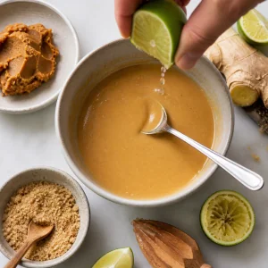 Lime being squeezed into miso dressing