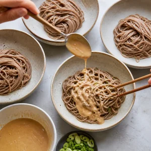 Miso dressing spooned over bowls of chilled soba noodles