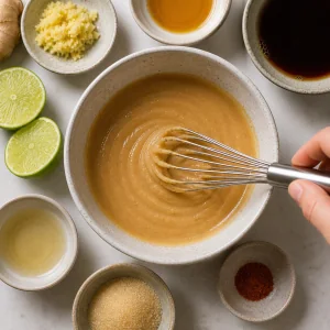 Miso lime ginger dressing being whisked in a bowl