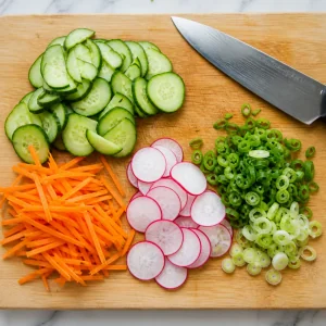 Sliced cucumber, carrots, radishes, and scallions on a cutting board