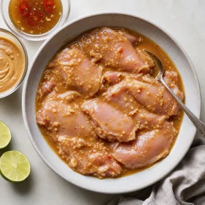 Chicken thighs coated in peanut-lime marinade in a shallow bowl