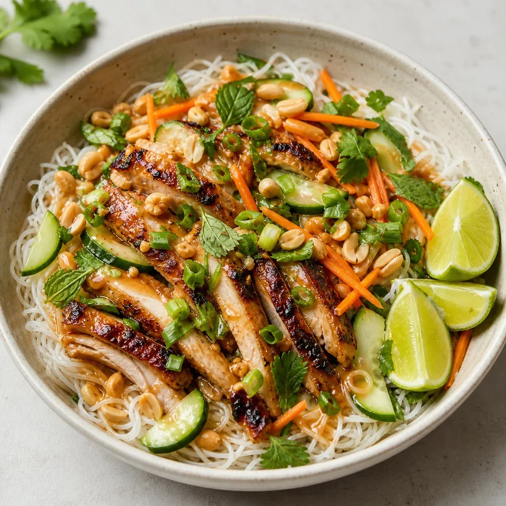 Cold rice noodles topped with grilled chicken, vegetables, herbs, peanuts, and lime wedges