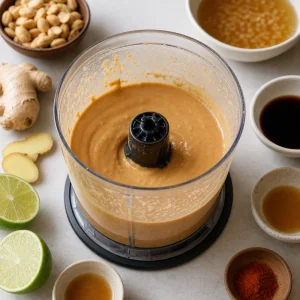 Creamy peanut dressing in a food processor with ginger, lime, and sauce bowls nearby