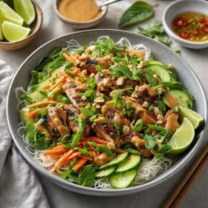 Finished cold noodle bowl drizzled with peanut sauce and served with lime wedges