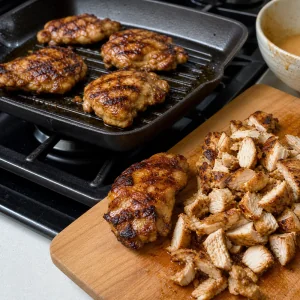 Grilled chicken thighs with chopped cooked chicken on a cutting board