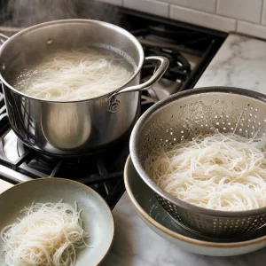 Rice vermicelli soaking in hot water with drained noodles in a colander
