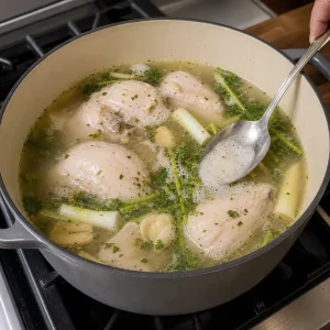 Chicken and aromatics beginning to simmer while foam is skimmed from the pot