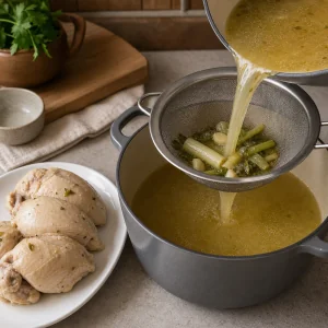 Cooked chicken set aside while the broth is strained through a fine sieve