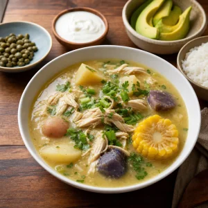 Finished Colombian ajiaco soup with chicken, potatoes, corn, cream, capers, avocado, and rice
