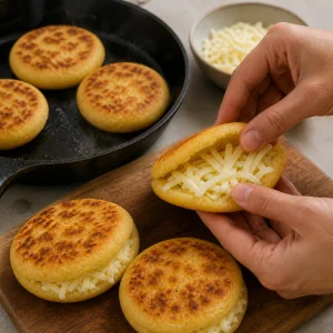 A cooked arepa being filled with cheese