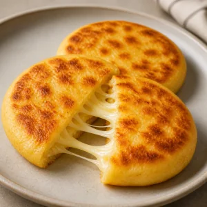 A served cheese arepa with stretchy melted cheese