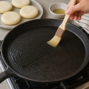A skillet being brushed with oil for arepas