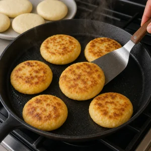Arepas browning in a skillet