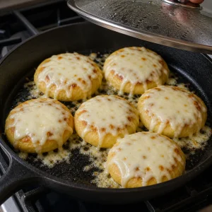 Arepas topped with melted cheese in a skillet