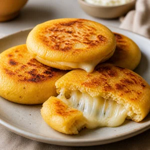 Arepas colombianas douradas com queijo derretido em um prato
