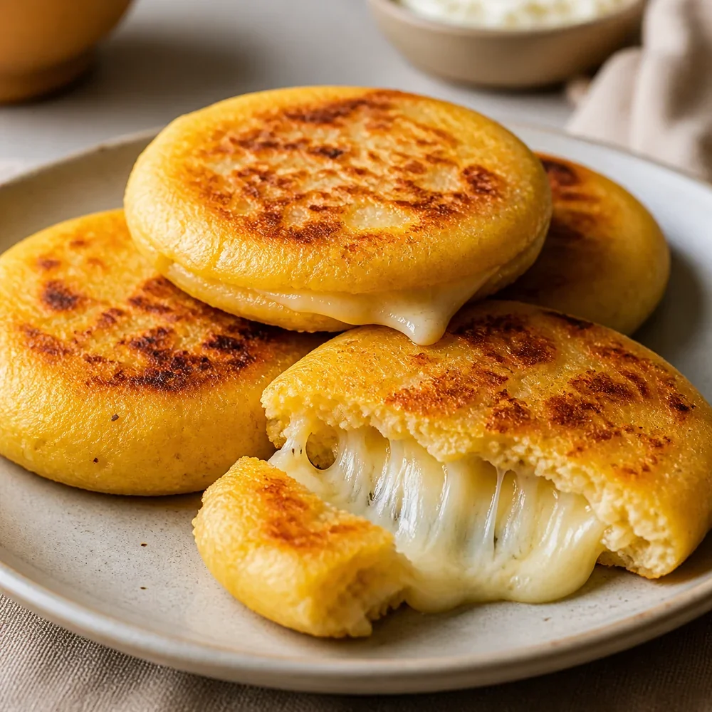 Arepas colombianas doradas con queso fundido en un plato
