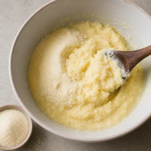 Masarepa being mixed into liquid in a bowl