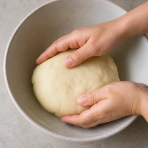 Smooth arepa dough being kneaded in a bowl