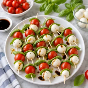 Caprese skewers with cherry tomatoes mozzarella basil and balsamic glaze