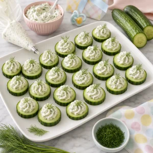 Cucumber rounds topped with dill cream cheese for party bites