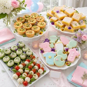 Finished baby shower spread garnished with microgreens and edible flowers