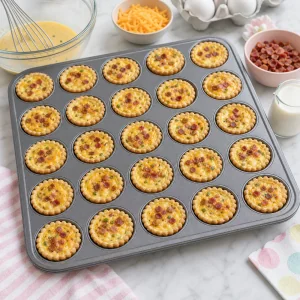 Golden mini quiches baked in tart shells on a tray