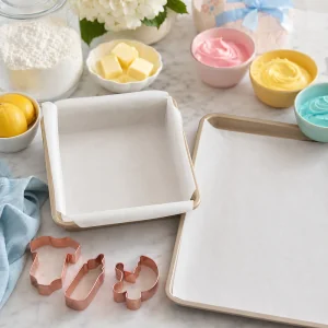 Parchment-lined pans and baking ingredients ready for baby shower treats