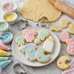 Pastel decorated baby shower sugar cookies with icing tools