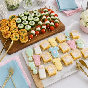 Savory bites and pastel sweets arranged on baby shower platters