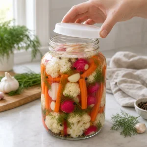 A fermentation lid placed loosely on a jar of vegetables submerged in brine