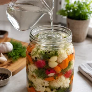 Brine poured over vegetables with a glass weight keeping them submerged