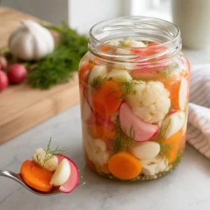 Carrots cauliflower and radishes packed tightly into a wide mouth glass jar